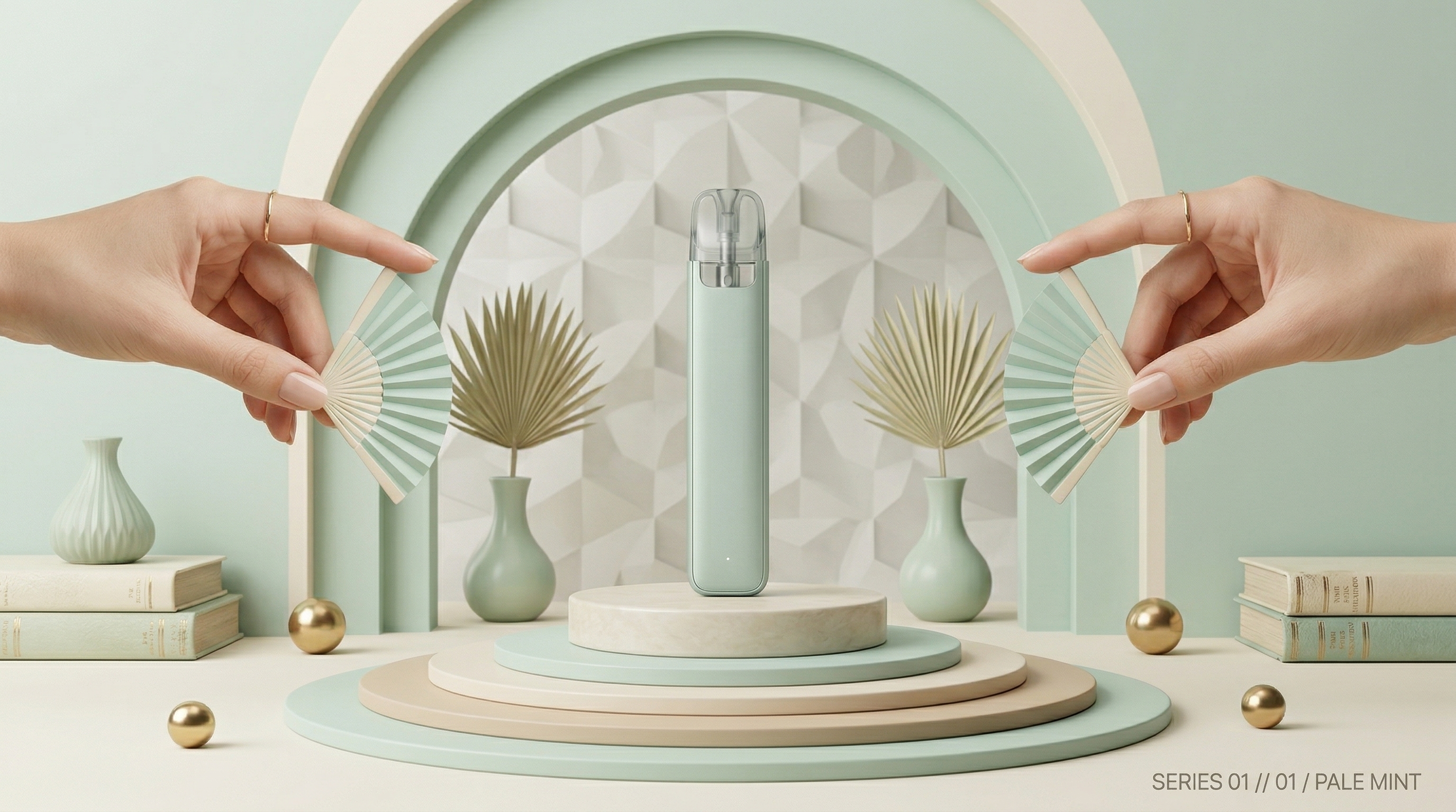 Symmetric ORB product stage with hands and pale mint props